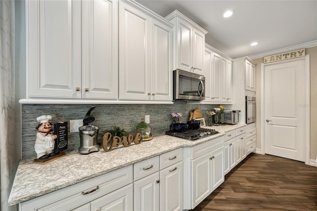 3532 Wicket Field Rd, Lutz, FL 33548 - kitchen with appliances with stainless steel finishes, tasteful backsplash, white cabinetry, dark wood-style floors, and recessed lighting