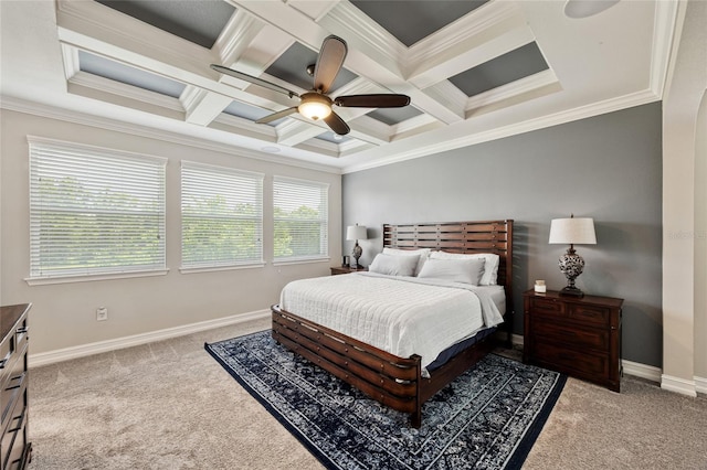 3532 Wicket Field Rd, Lutz, FL 33548 - bedroom with light carpet, crown molding, beamed ceiling, a ceiling fan, and coffered ceiling