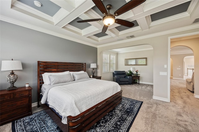 3532 Wicket Field Rd, Lutz, FL 33548 - bedroom featuring arched walkways, ornamental molding, carpet flooring, beamed ceiling, and coffered ceiling