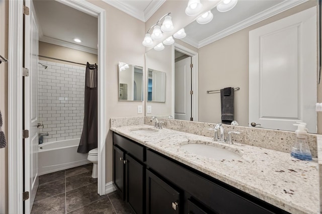 3532 Wicket Field Rd, Lutz, FL 33548 - bathroom with double vanity, shower / bath combo, crown molding, and tile patterned flooring