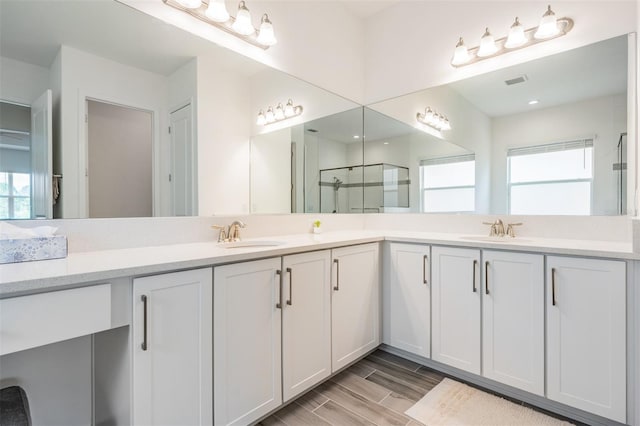 3197 Acacia Bay Ave, Wesley Chapel, FL 33543 - bathroom featuring a stall shower, double vanity, healthy amount of natural light, and wood finished floors