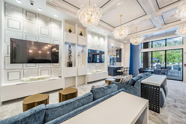 3197 Acacia Bay Ave, Wesley Chapel, FL 33543 - living area with a chandelier, recessed lighting, a towering ceiling, and coffered ceiling