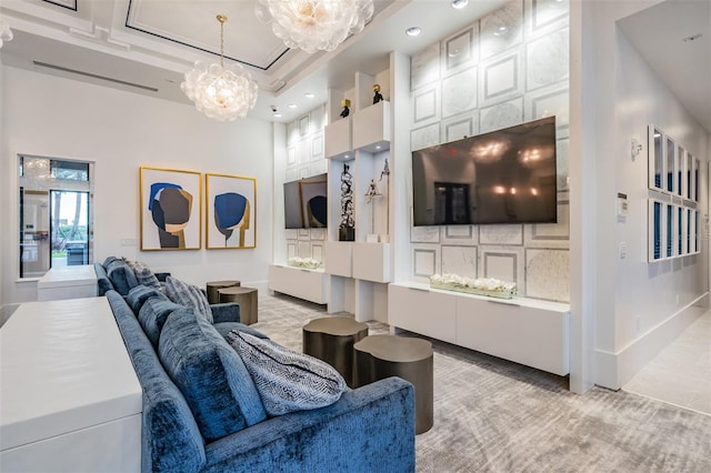 3197 Acacia Bay Ave, Wesley Chapel, FL 33543 - living room with a chandelier, light carpet, a towering ceiling, and recessed lighting