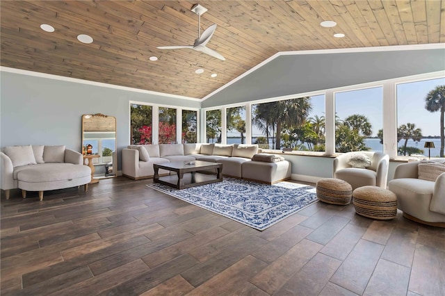 711 N Indian River Dr, Cocoa, FL 32922 - living room featuring wooden ceiling, ceiling fan, recessed lighting, wood finished floors, and crown molding