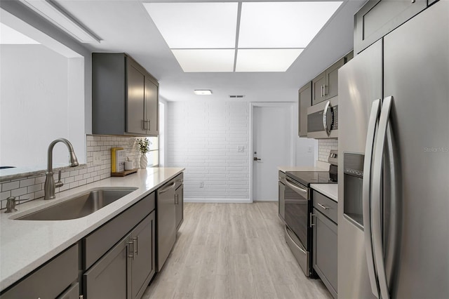 2481 12th Ave SW, Largo, FL 33770 - kitchen featuring appliances with stainless steel finishes, backsplash, gray cabinets, and light wood-style flooring