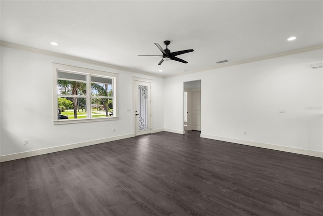 5709 N 20th St, Tampa, FL 33610 - unfurnished living room featuring ornamental molding, a ceiling fan, recessed lighting, and dark wood finished floors