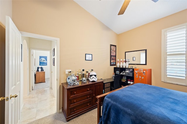 2043 Wrangler Dr, Brandon, FL 33511 - bedroom with vaulted ceiling, a ceiling fan, and light colored carpet