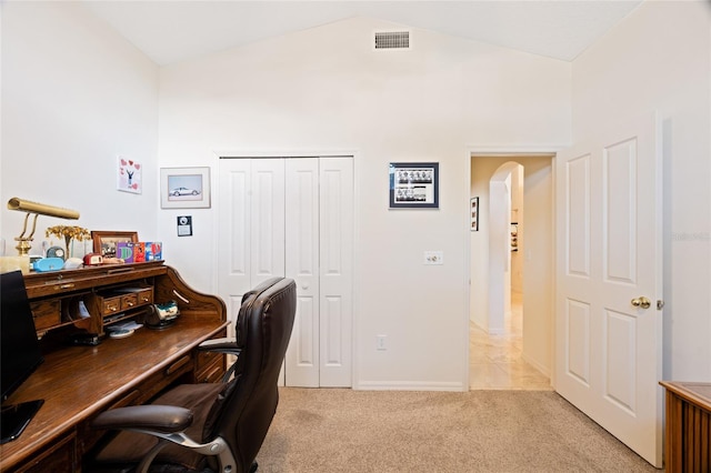 2043 Wrangler Dr, Brandon, FL 33511 - office space featuring light colored carpet, vaulted ceiling, arched walkways, and baseboards