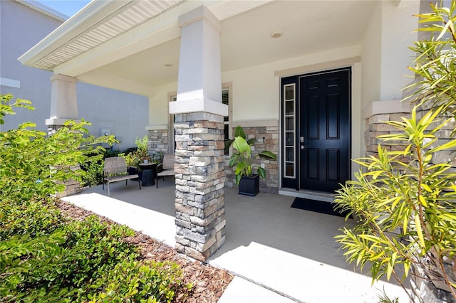 8423 Praise Dr, Tampa, FL 33625 - entrance to property featuring stucco siding, stone siding, and a porch