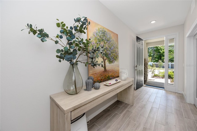 8423 Praise Dr, Tampa, FL 33625 - doorway featuring light wood-style floors, recessed lighting, and baseboards