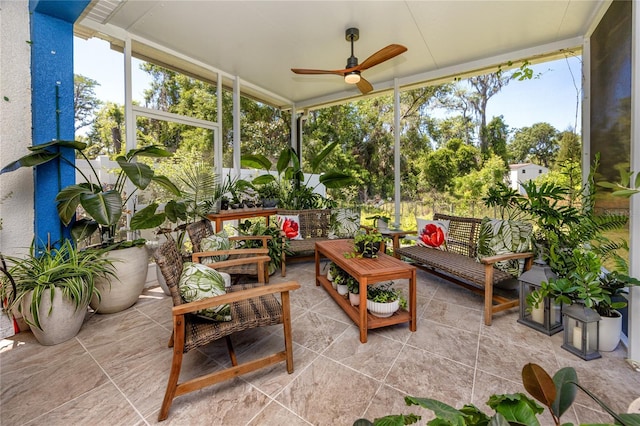 8423 Praise Dr, Tampa, FL 33625 - sunroom featuring an outdoor living space, ceiling fan, and healthy amount of natural light