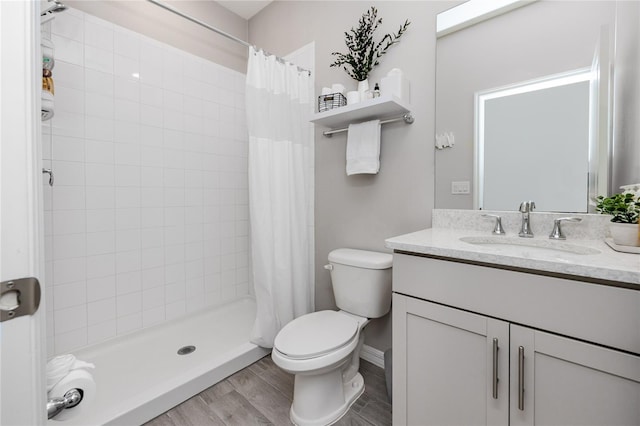 8423 Praise Dr, Tampa, FL 33625 - bathroom with toilet, vanity, a tile shower, and wood finished floors