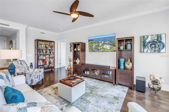 125 Belleview Blvd Unit 203, Belleair, FL 33756 - living area featuring a ceiling fan, wood finished floors, and ornamental molding