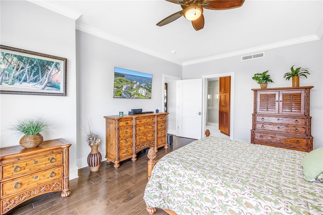 125 Belleview Blvd Unit 203, Belleair, FL 33756 - bedroom featuring dark wood-style flooring, crown molding, ceiling fan, and ensuite bath