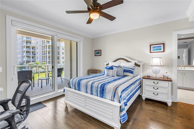 125 Belleview Blvd Unit 203, Belleair, FL 33756 - bedroom with access to outside, wood-type flooring, ornamental molding, and a ceiling fan