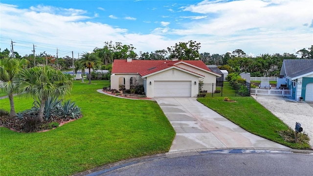 1414 75th St NW, Bradenton, FL 34209 - view of front of property with a chimney, driveway, stucco siding, an attached garage, and a tiled roof