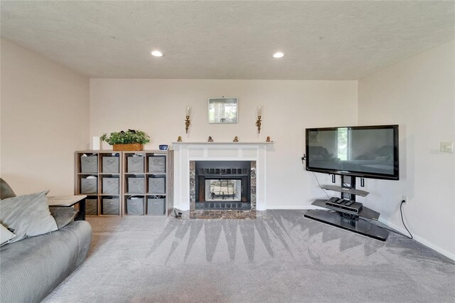 1414 75th St NW, Bradenton, FL 34209 - living area with carpet floors, a fireplace, recessed lighting, and a textured ceiling