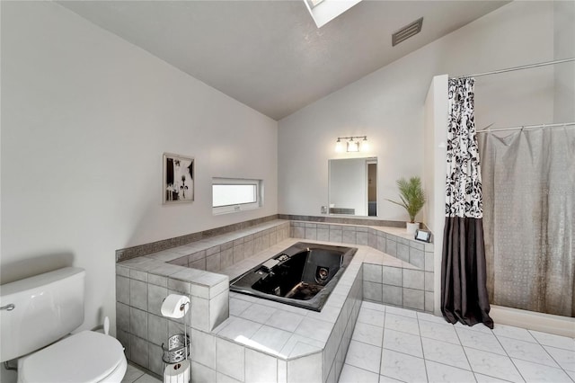 1414 75th St NW, Bradenton, FL 34209 - full bathroom with a tub with jets, a shower with curtain, and high vaulted ceiling