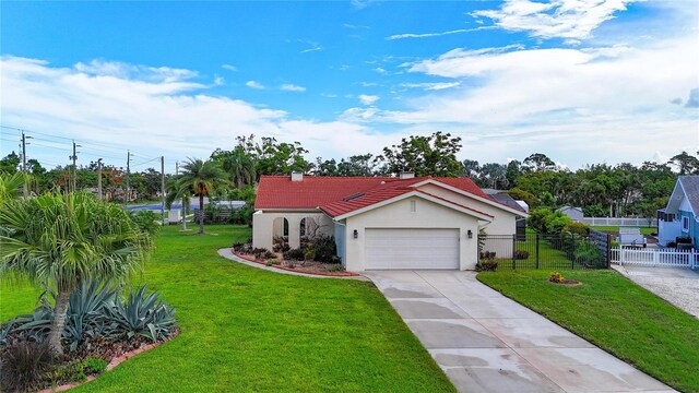 1414 75th St NW, Bradenton, FL 34209 - view of front of house featuring stucco siding, concrete driveway, an attached garage, and a chimney