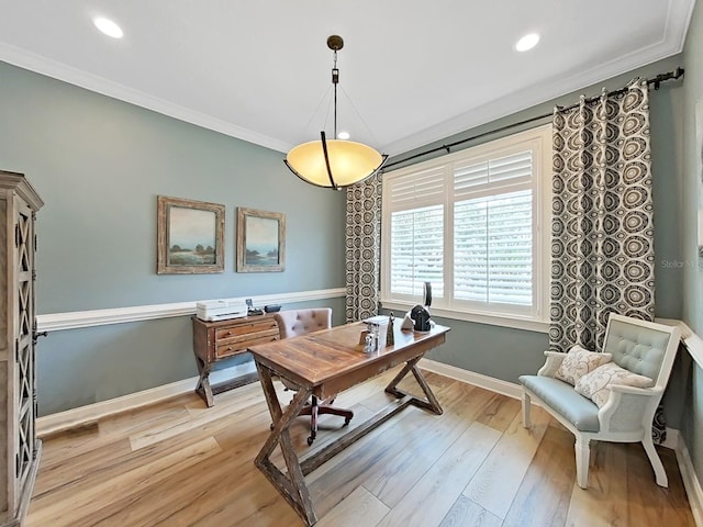 15024 Eaglepark Pl, Lithia, FL 33547 - home office with ornamental molding, light wood-style floors, and recessed lighting
