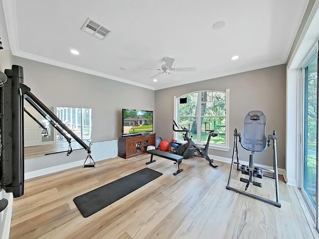 15024 Eaglepark Pl, Lithia, FL 33547 - exercise area featuring wood finished floors, recessed lighting, a ceiling fan, and crown molding