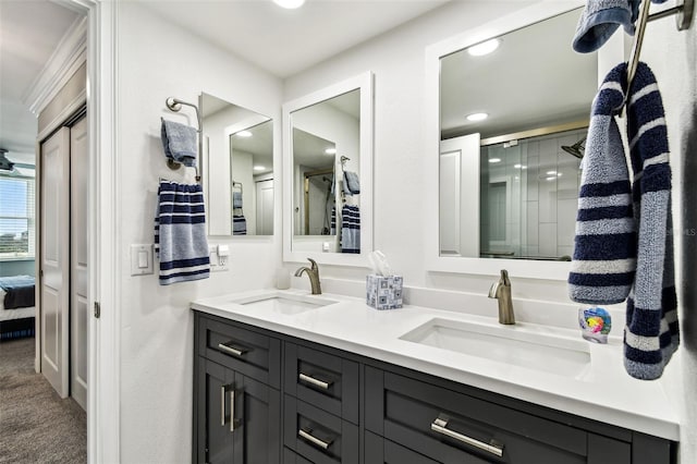 400 Island Way Unit 502, Clearwater Beach, FL 33767 - bathroom featuring ensuite bath, double vanity, a shower with shower door, and recessed lighting