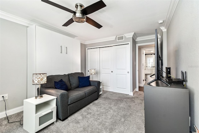 400 Island Way Unit 502, Clearwater Beach, FL 33767 - carpeted living room featuring ornamental molding and ceiling fan