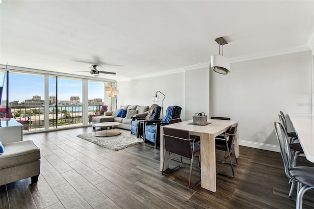 400 Island Way Unit 502, Clearwater Beach, FL 33767 - living area with dark wood finished floors, ceiling fan, crown molding, expansive windows, and a view of city