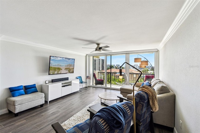 400 Island Way Unit 502, Clearwater Beach, FL 33767 - living area with crown molding, a ceiling fan, dark wood-type flooring, a textured ceiling, and a textured wall