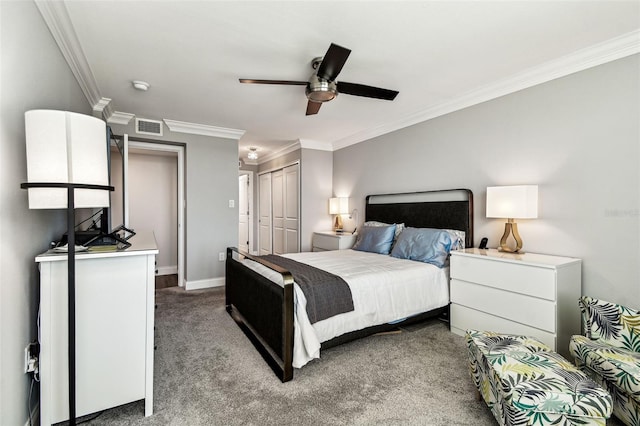 400 Island Way Unit 502, Clearwater Beach, FL 33767 - bedroom with ornamental molding, carpet flooring, a closet, and ceiling fan
