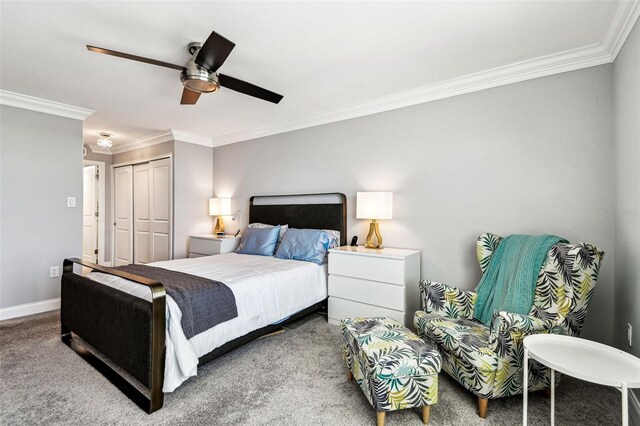 400 Island Way Unit 502, Clearwater Beach, FL 33767 - carpeted bedroom featuring crown molding, a closet, and ceiling fan