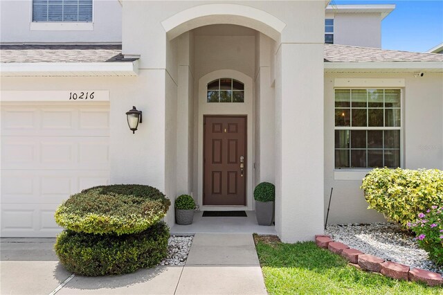 10216 Summer Azure Dr, Riverview, FL 33578 - view of exterior entry with stucco siding and roof with shingles