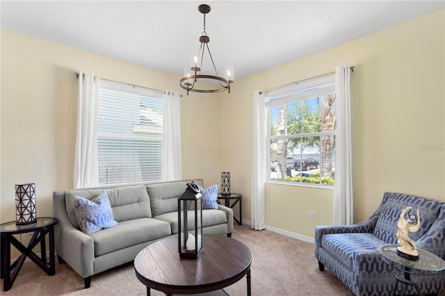 10216 Summer Azure Dr, Riverview, FL 33578 - living room with light carpet, a chandelier, and healthy amount of natural light