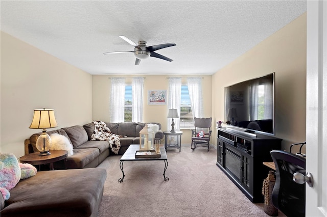 10216 Summer Azure Dr, Riverview, FL 33578 - living area with carpet, a ceiling fan, and a textured ceiling