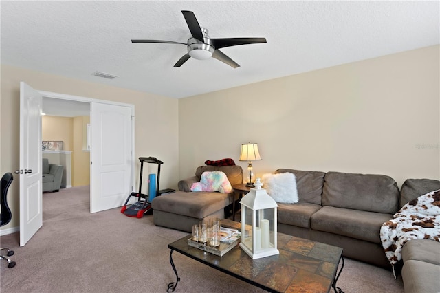 10216 Summer Azure Dr, Riverview, FL 33578 - living area with ceiling fan, carpet flooring, and a textured ceiling