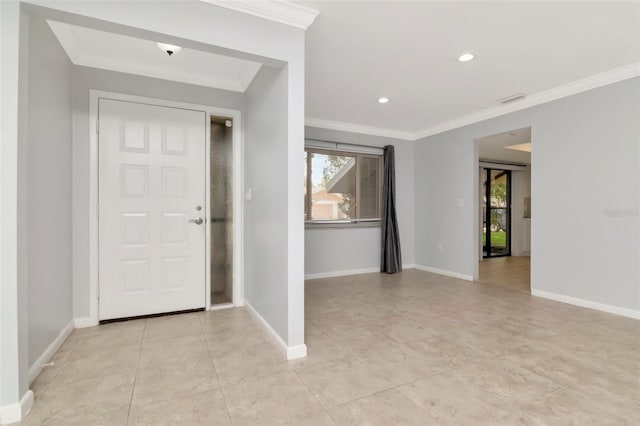 8626 Woodbridge Dr, New Port Richey, FL 34655 - entryway with healthy amount of natural light, crown molding, light tile patterned flooring, and recessed lighting