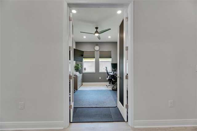 7420 Paradiso Dr, Apollo Beach, FL 33572 - hallway featuring an office area, recessed lighting, and light wood-type flooring