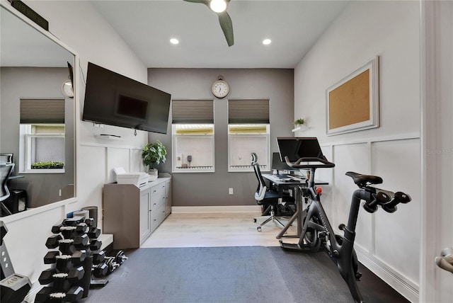 7420 Paradiso Dr, Apollo Beach, FL 33572 - exercise area featuring healthy amount of natural light, a ceiling fan, recessed lighting, and wood finished floors