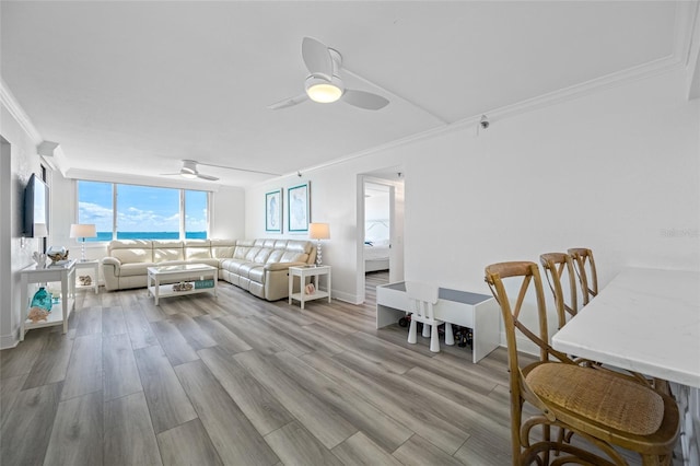 6372 Palma Del Mar Blvd S Unit 601, Saint Petersburg, FL 33715 - living area featuring ceiling fan, ornamental molding, and wood finished floors