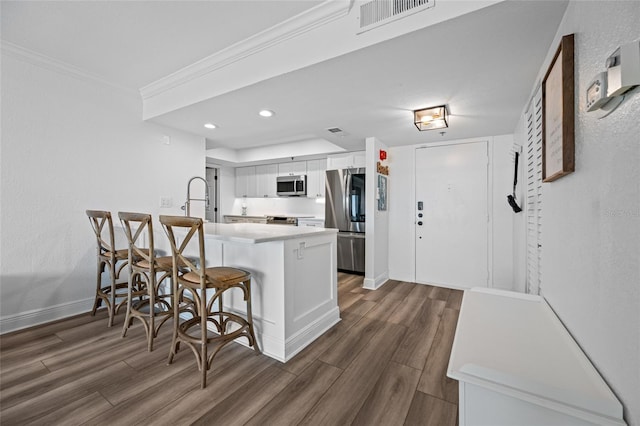 6372 Palma Del Mar Blvd S Unit 601, Saint Petersburg, FL 33715 - kitchen featuring appliances with stainless steel finishes, a peninsula, ornamental molding, white cabinetry, and dark wood-style floors