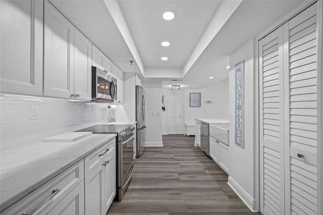 6372 Palma Del Mar Blvd S Unit 601, Saint Petersburg, FL 33715 - kitchen with stainless steel appliances, recessed lighting, white cabinets, decorative backsplash, and dark wood-style floors