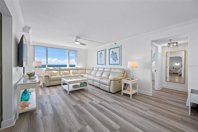 6372 Palma Del Mar Blvd S Unit 601, Saint Petersburg, FL 33715 - living room with crown molding, ceiling fan, and wood finished floors