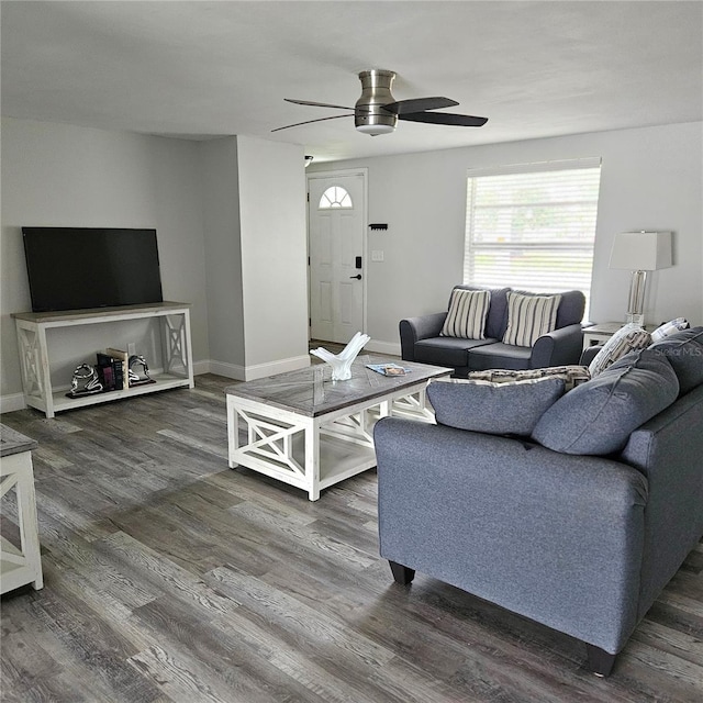 6008 Firefly Ln, Apollo Beach, FL 33572 - living room with a ceiling fan and wood finished floors