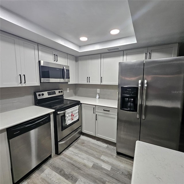 6008 Firefly Ln, Apollo Beach, FL 33572 - kitchen with stainless steel appliances, a raised ceiling, light countertops, light wood-type flooring, and recessed lighting