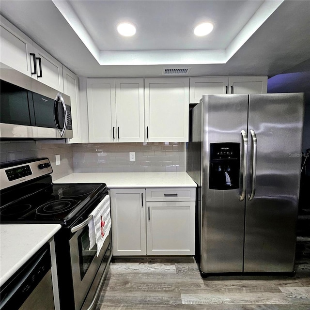6008 Firefly Ln, Apollo Beach, FL 33572 - kitchen with stainless steel appliances, a raised ceiling, light wood-style flooring, light countertops, and backsplash