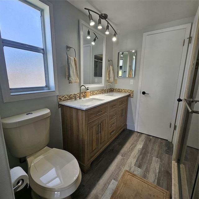 6008 Firefly Ln, Apollo Beach, FL 33572 - full bath featuring wood finished floors and double vanity