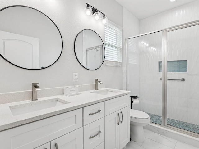 2809 N 21st St, Tampa, FL 33605 - bathroom featuring marble look tiles, a shower stall, and double vanity