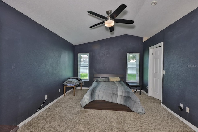 11415 Bright Star Ln, Riverview, FL 33569 - bedroom featuring vaulted ceiling, carpet flooring, baseboards, ceiling fan, and a textured wall