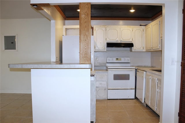 101 Cambridge Trl Unit 194, Sun City Center, FL 33573 - kitchen with white appliances, electric panel, light tile patterned floors, under cabinet range hood, and light countertops