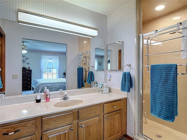 5755 Yorkshire Dr, Zephyrhills, FL 33542 - bathroom with ensuite bath, wallpapered walls, a stall shower, and vanity